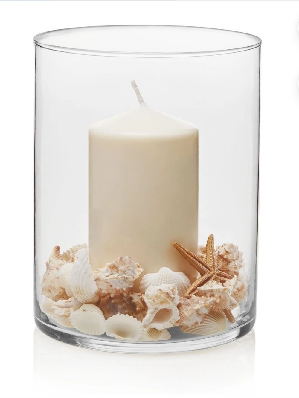 Clear Glass Hurricane Vase with Cream Candle and Shell Accents